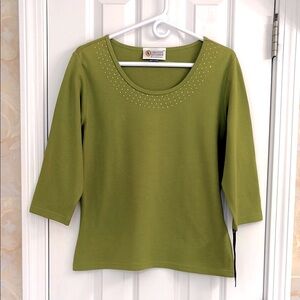 Christine Alexander Vintage Olive Green 3/4 Sleeve Top with Studded Neckline.NWT
